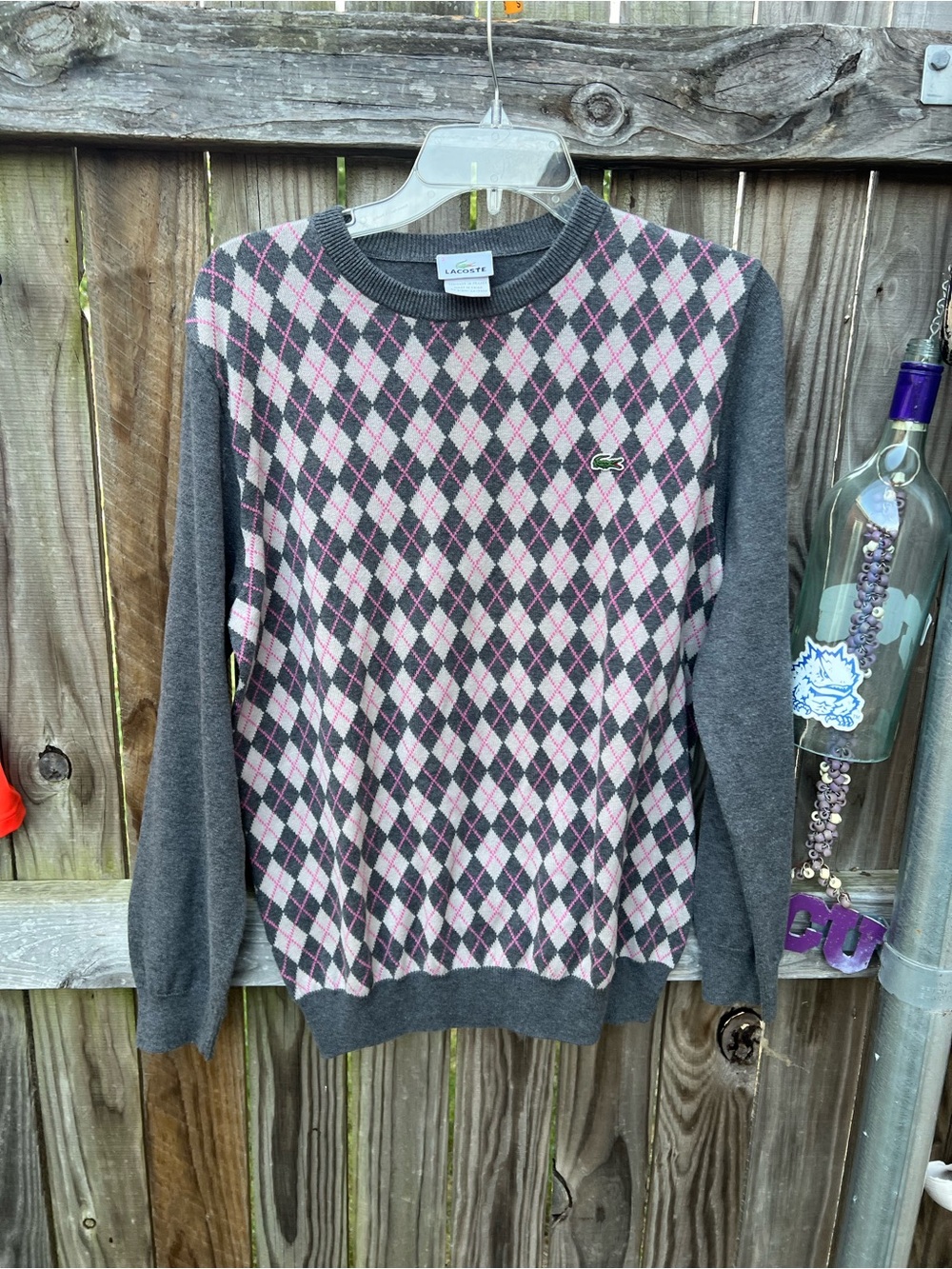 Lacoste Gray and Pink Argyle Crewneck Sweater - Picture 2 of 9